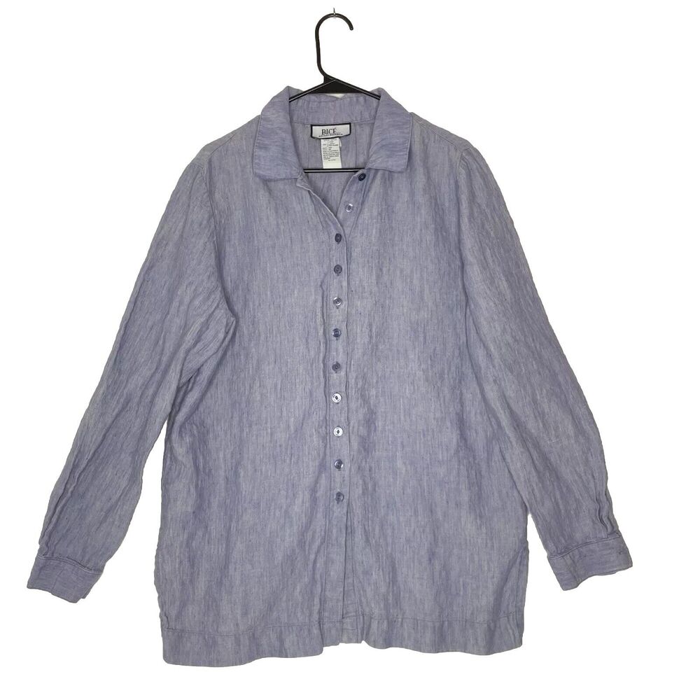 Bice Womens Shirt Linen Raw Weave XL Classic Button Front‎ Coastal Classic Blue